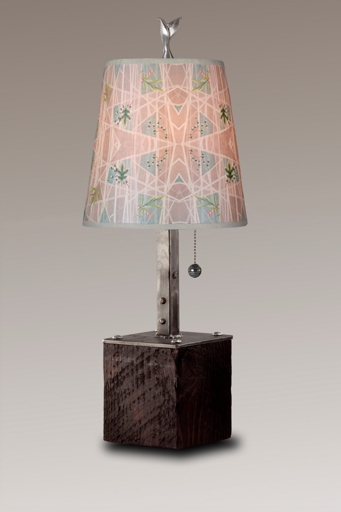 Janna Ugone & Co Table Lamps Steel Table Lamp on Reclaimed Wood with Small Drum Shade in Prism