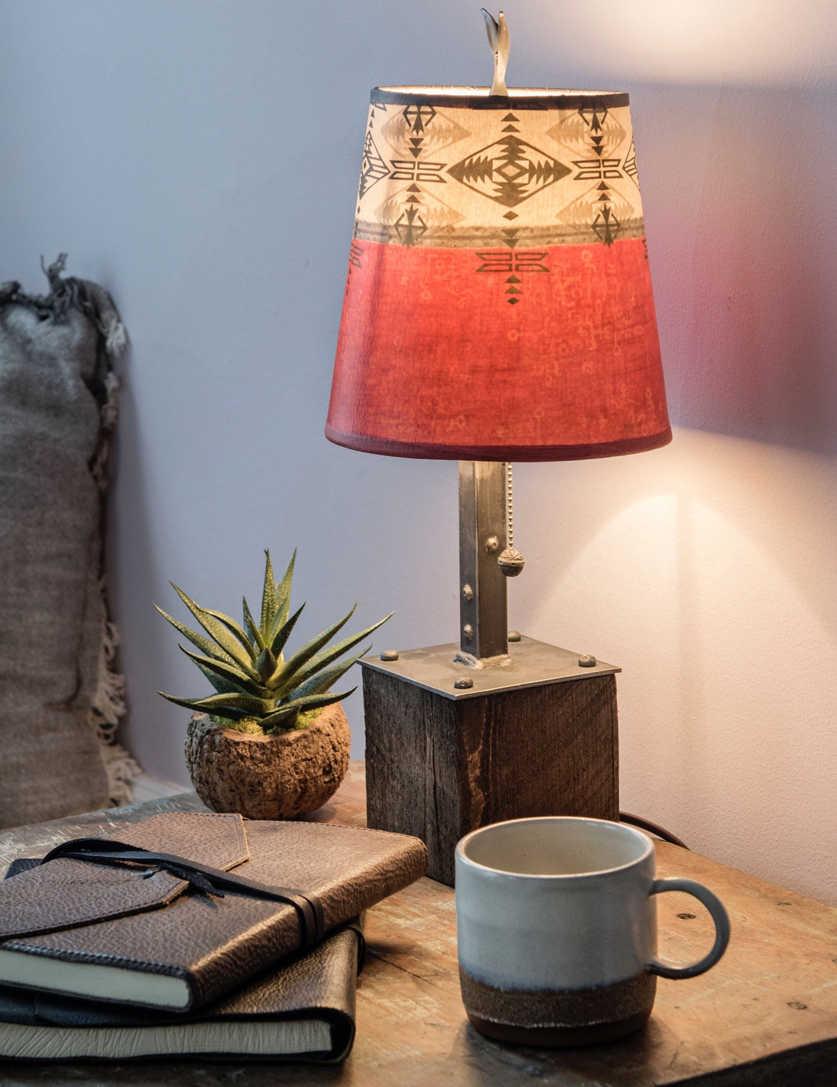 Steel Table Lamp on Reclaimed Wood with Small Drum Shade in Red Mesa