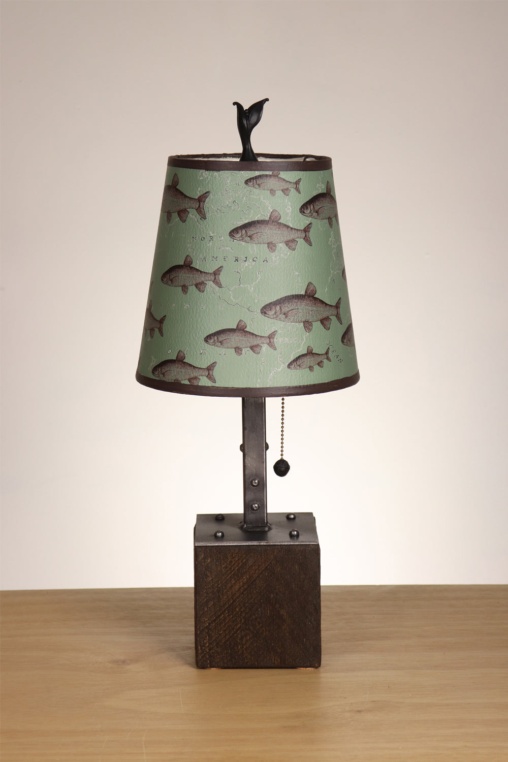 Janna Ugone & Co Table Lamp Steel Table Lamp on Reclaimed Wood with Small Drum Shade in Trout