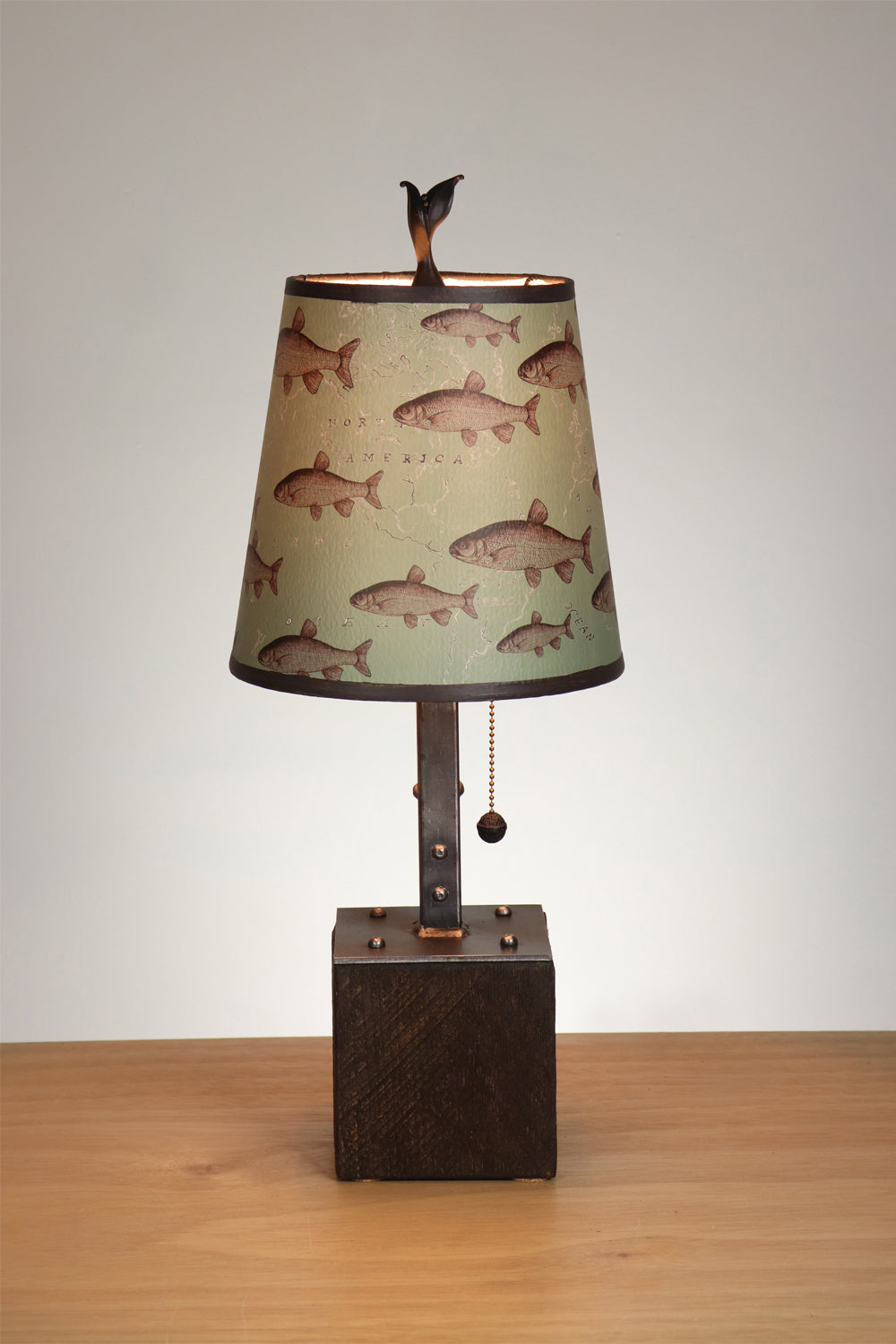 Janna Ugone & Co Table Lamp Steel Table Lamp on Reclaimed Wood with Small Drum Shade in Trout