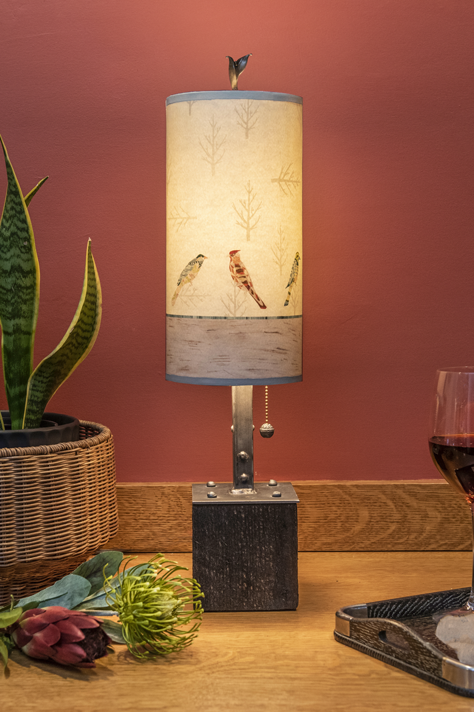 Janna Ugone & Co Table Lamps Steel Table Lamp on Reclaimed Wood with Small Tube Shade in Bird Friends
