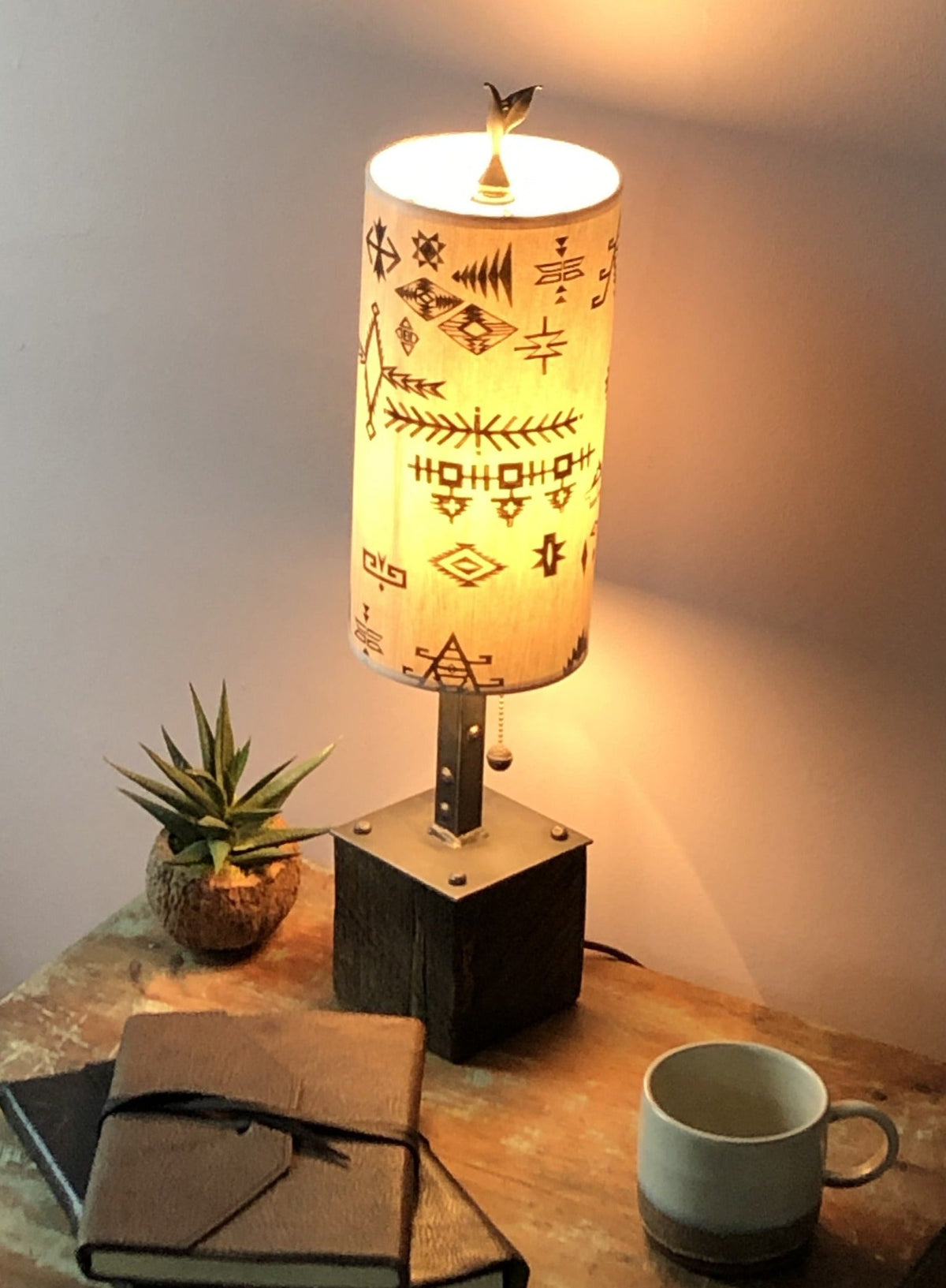 Janna Ugone &amp; Co Table Lamps Steel Table Lamp on Reclaimed Wood with Small Tube Shade in Blanket Sketch