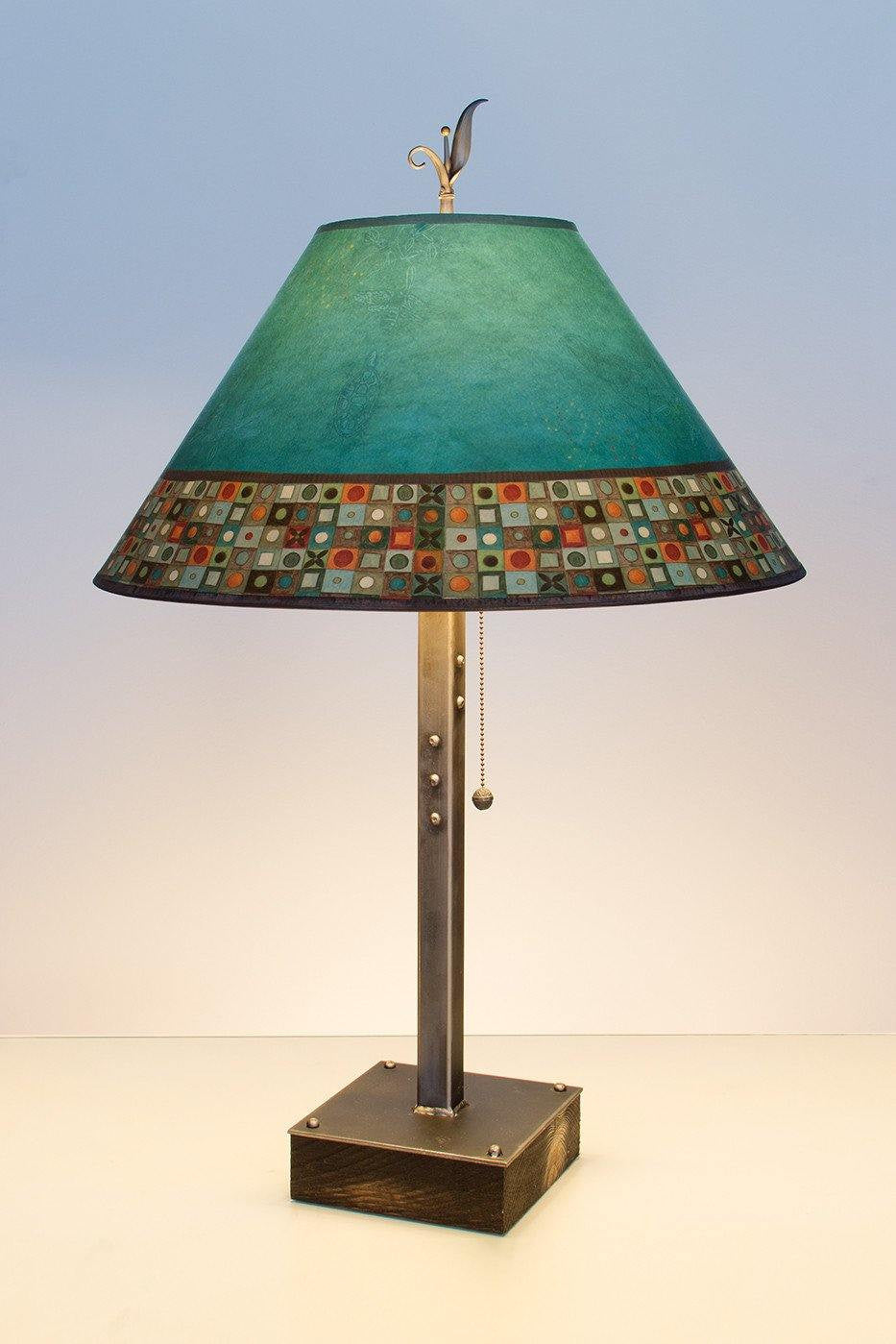 Janna Ugone &amp; Co Table Lamps Steel Table Lamp on Wood with Large Conical Shade in Jade Mosaic
