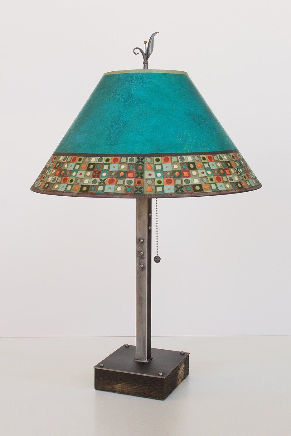 Janna Ugone &amp; Co Table Lamps Steel Table Lamp on Wood with Large Conical Shade in Jade Mosaic