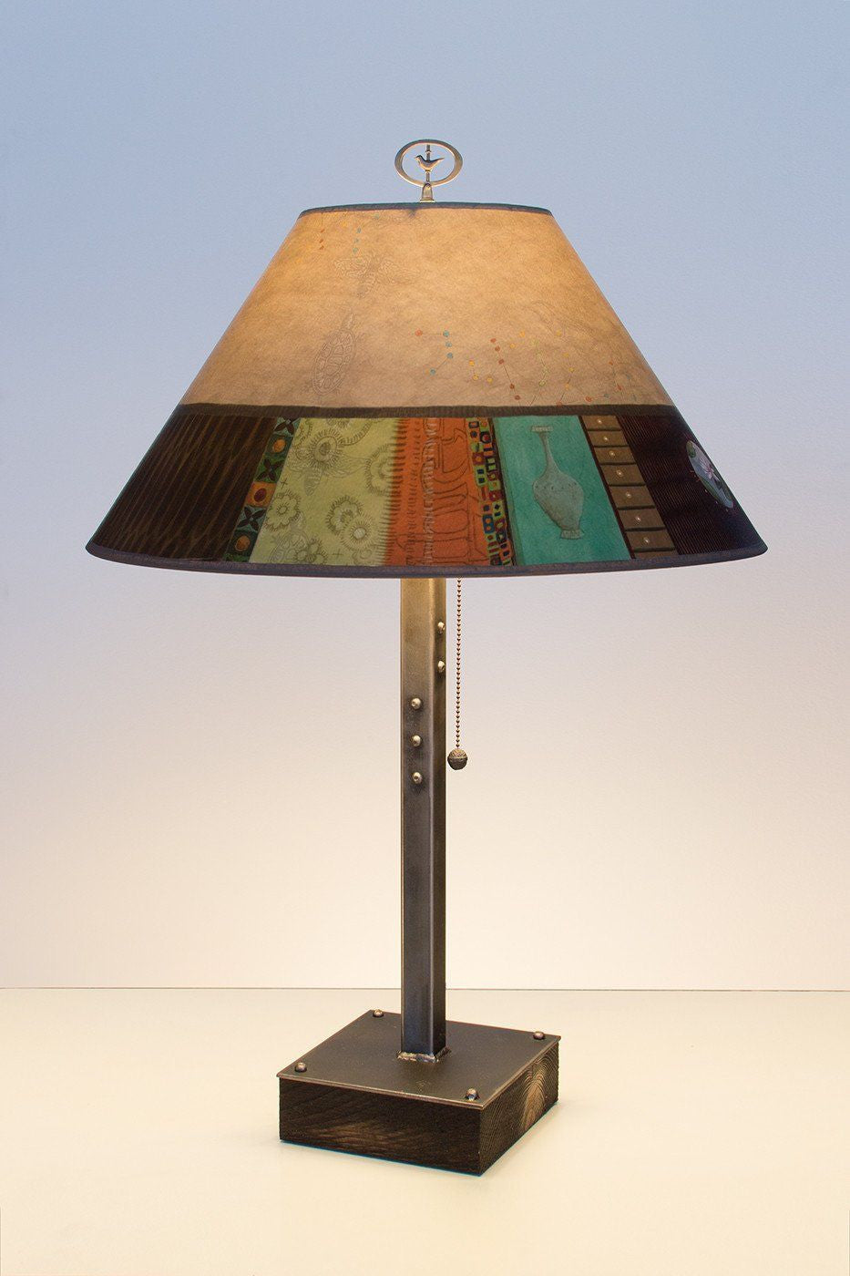 Janna Ugone &amp; Co Table Lamps Steel Table Lamp on Wood with Large Conical Shade in Linen Match