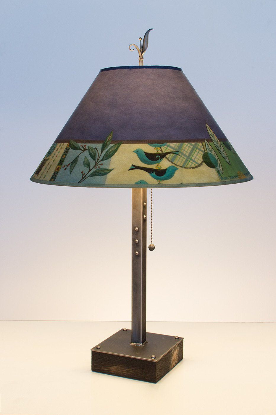 Steel Table Lamp on Wood with Large Conical Shade in New Capri Periwinkle