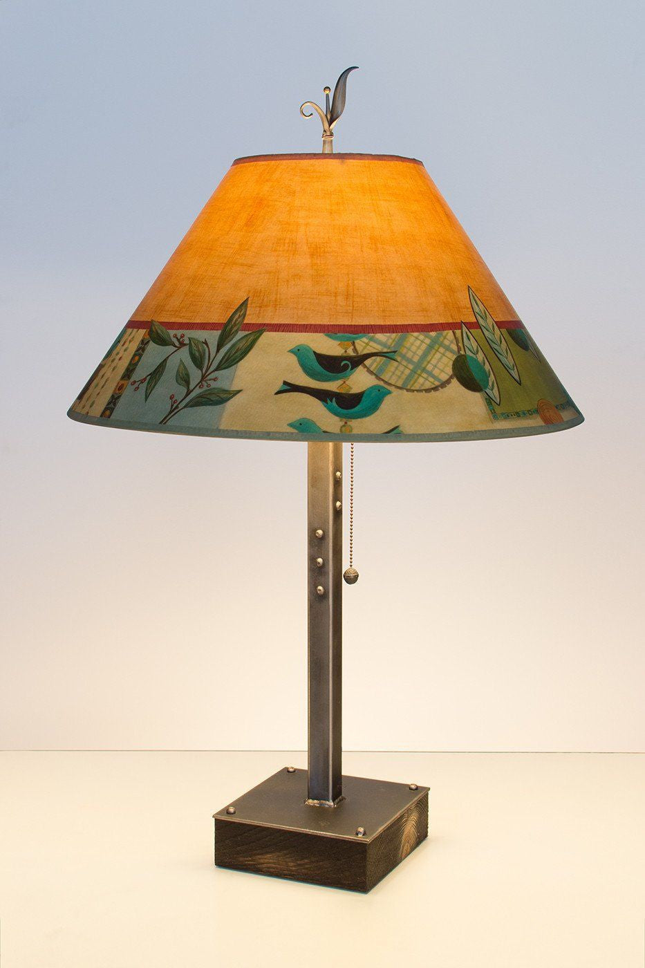 Janna Ugone &amp; Co Table Lamps Steel Table Lamp on Wood with Large Conical Shade in New Capri Spice