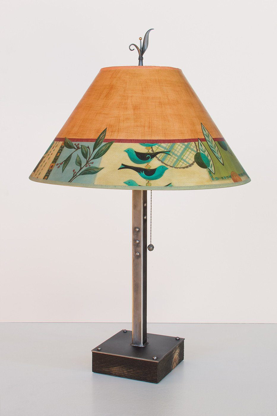Steel Table Lamp on Wood with Large Conical Shade in New Capri Spice