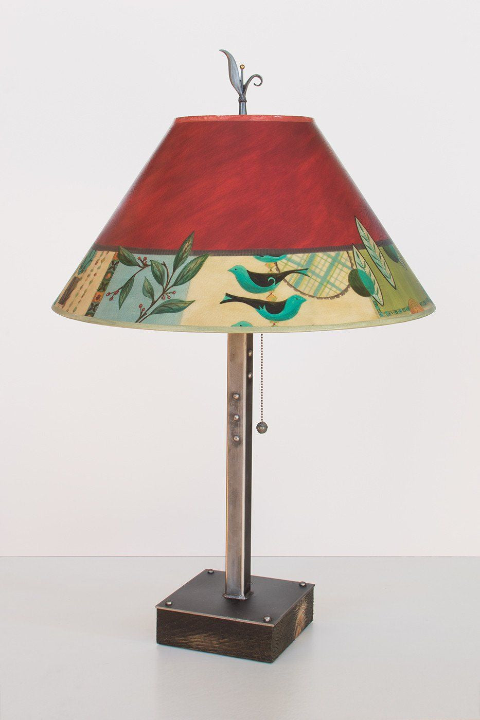 Steel Table Lamp on Wood with Large Conical Shade in New Capri
