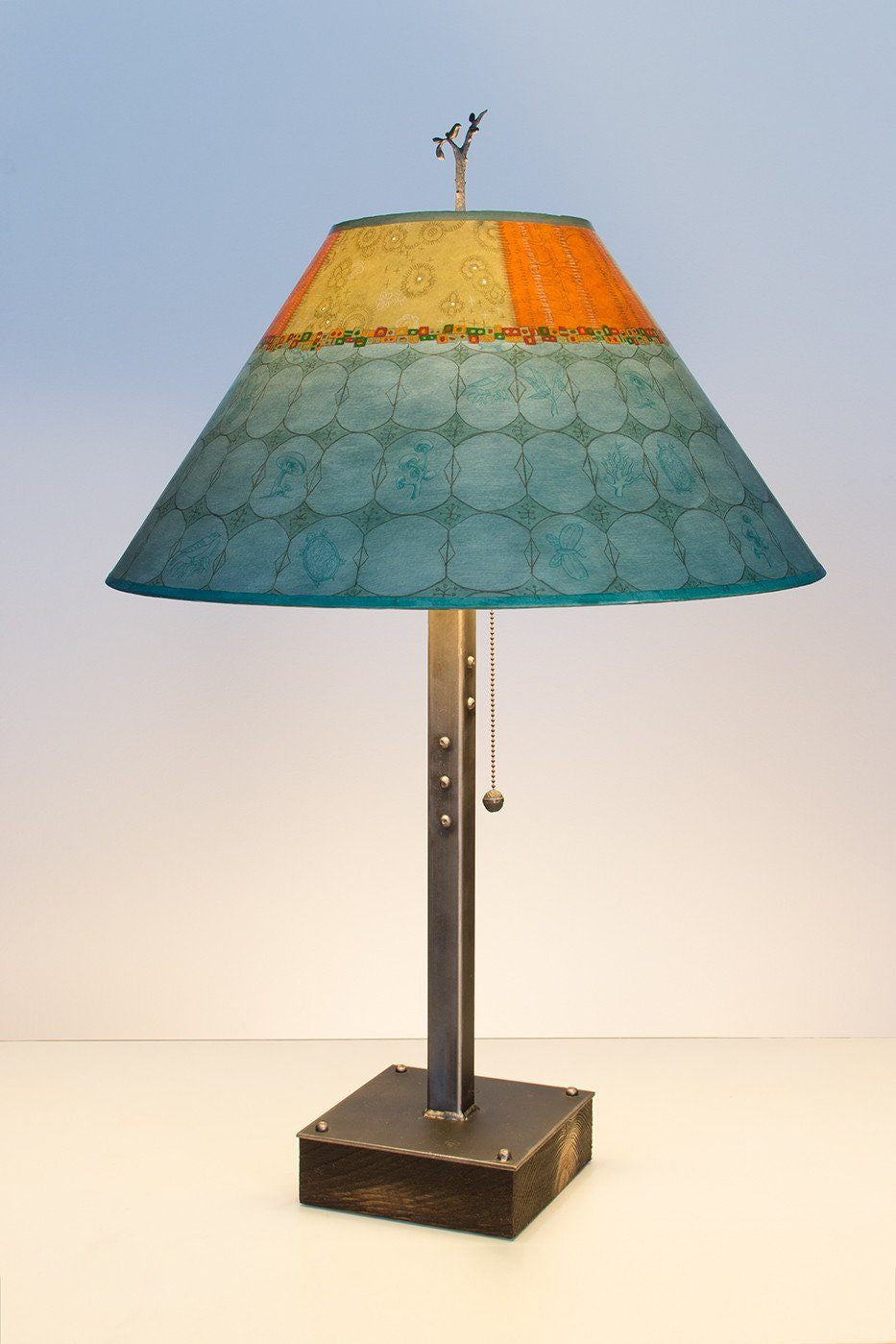 Janna Ugone &amp; Co Table Lamps Steel Table Lamp on Wood with Large Conical Shade in Paradise Pool