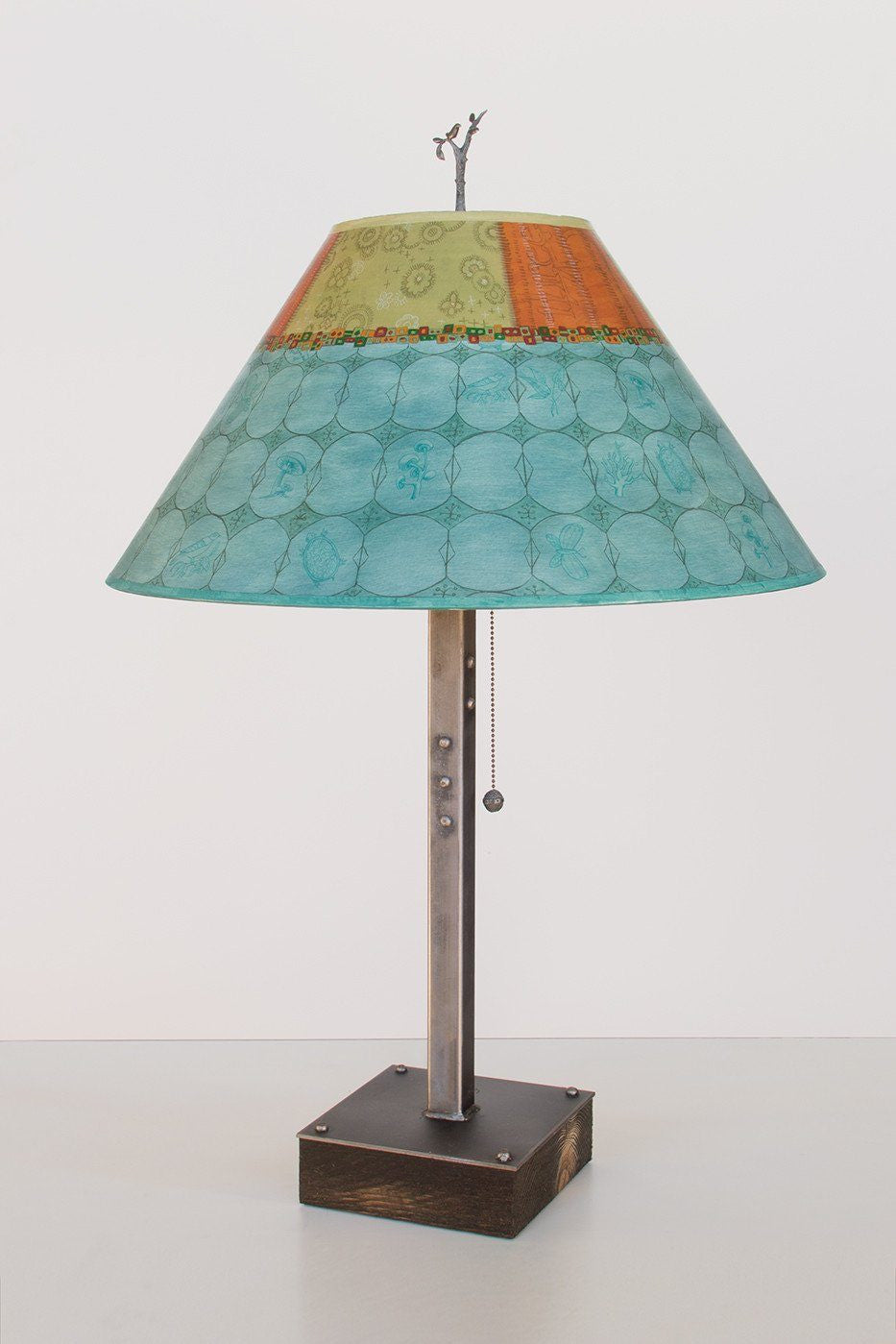 Janna Ugone &amp; Co Table Lamps Steel Table Lamp on Wood with Large Conical Shade in Paradise Pool