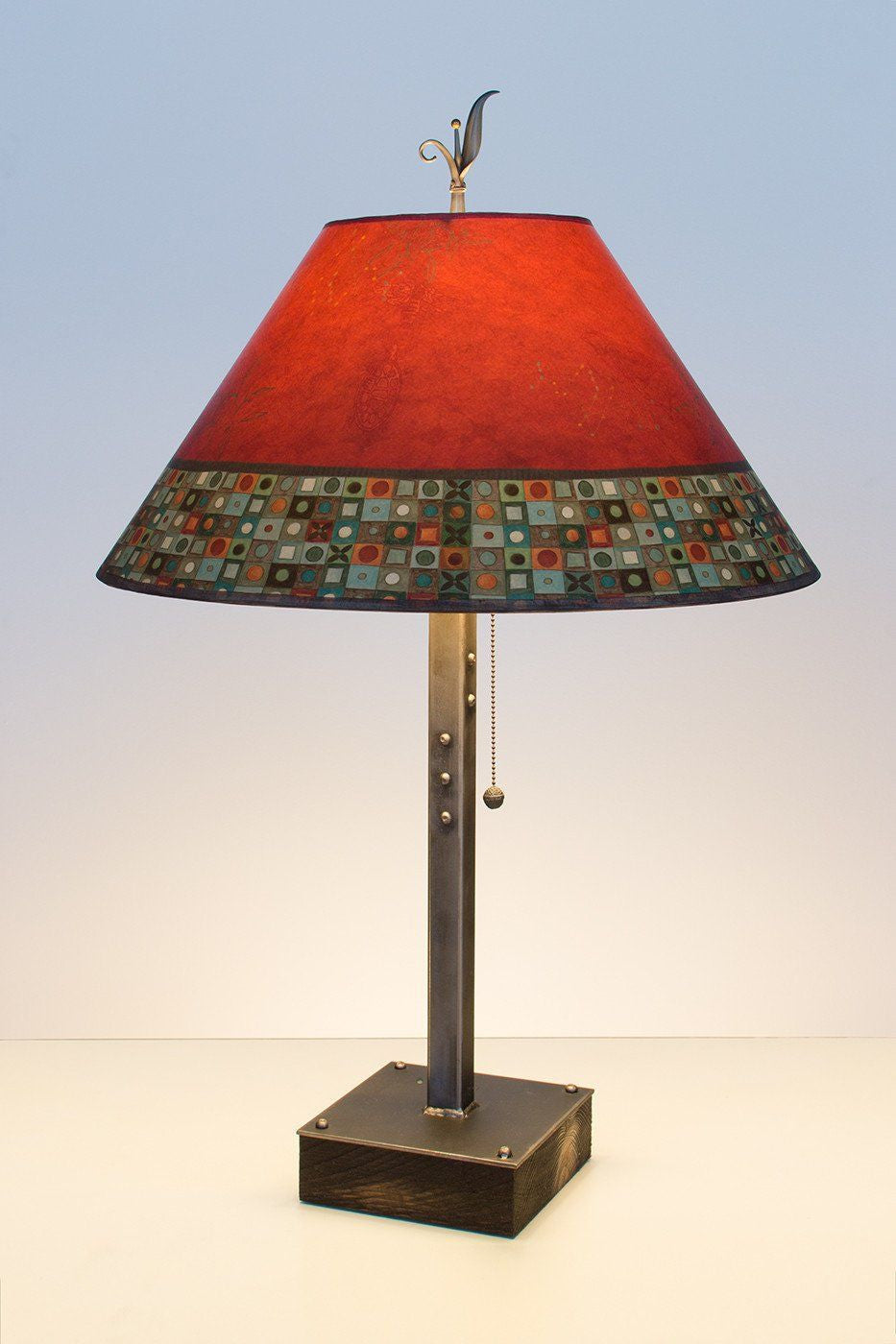 Janna Ugone &amp; Co Table Lamps Steel Table Lamp on Wood with Large Conical Shade in Red Mosaic