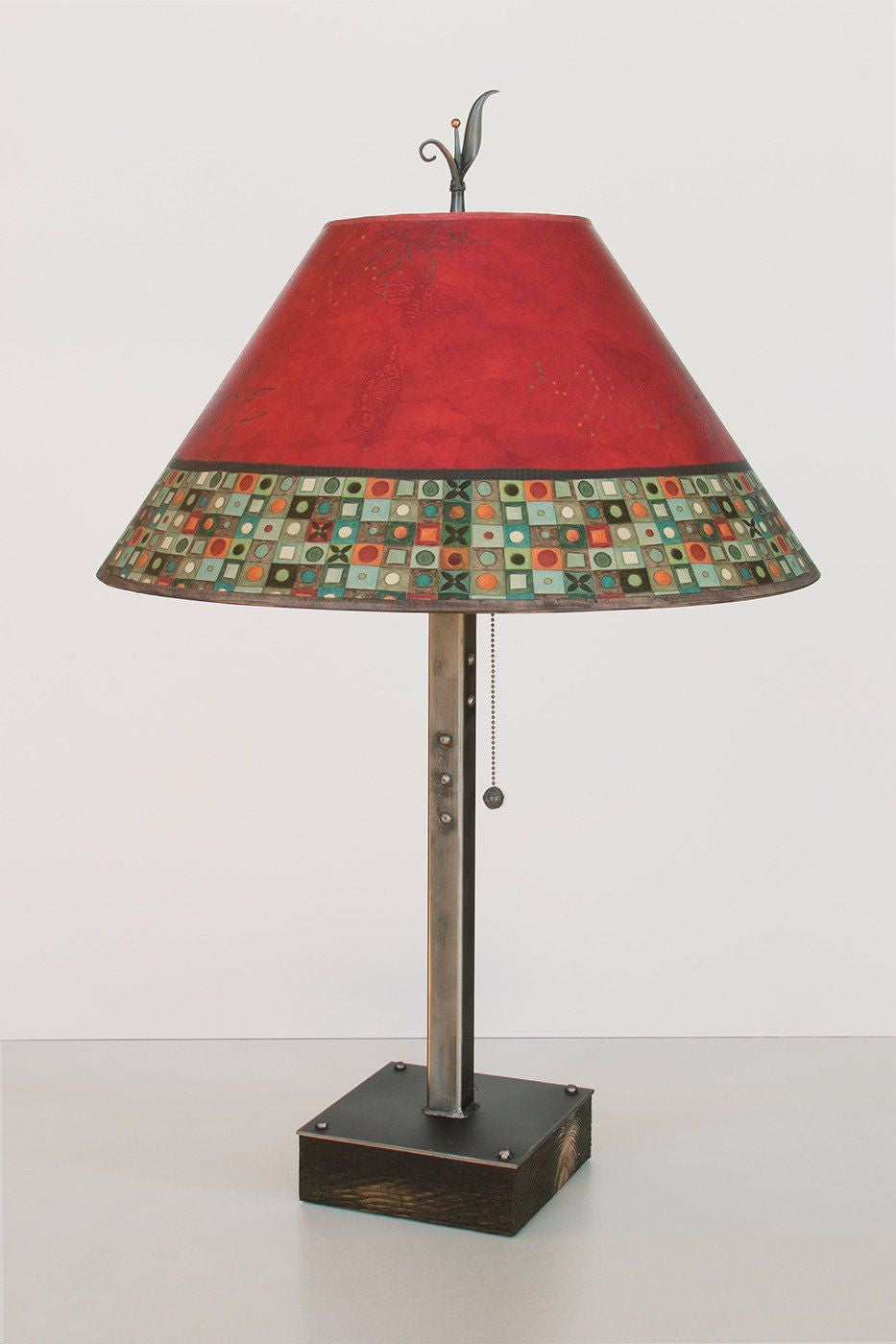 Janna Ugone &amp; Co Table Lamps Steel Table Lamp on Wood with Large Conical Shade in Red Mosaic