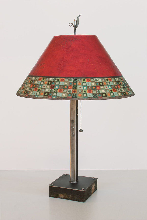 Steel Table Lamp on Wood with Large Conical Shade in Red Mosaic - Janna ...