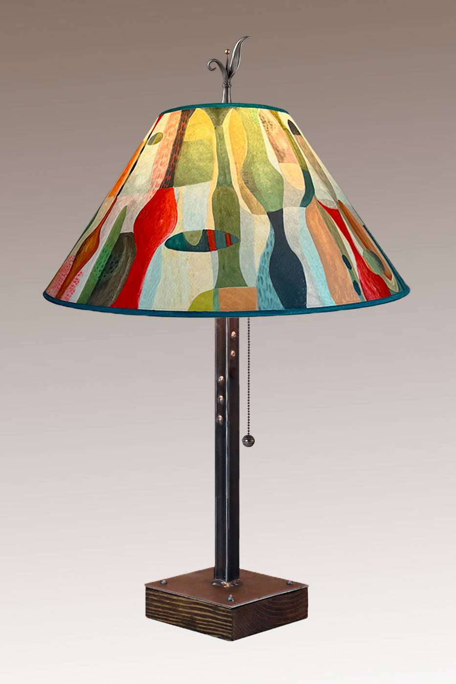 Janna Ugone &amp; Co Table Lamp Steel Table Lamp on Wood with Large Conical Shade in Riviera in Poppy