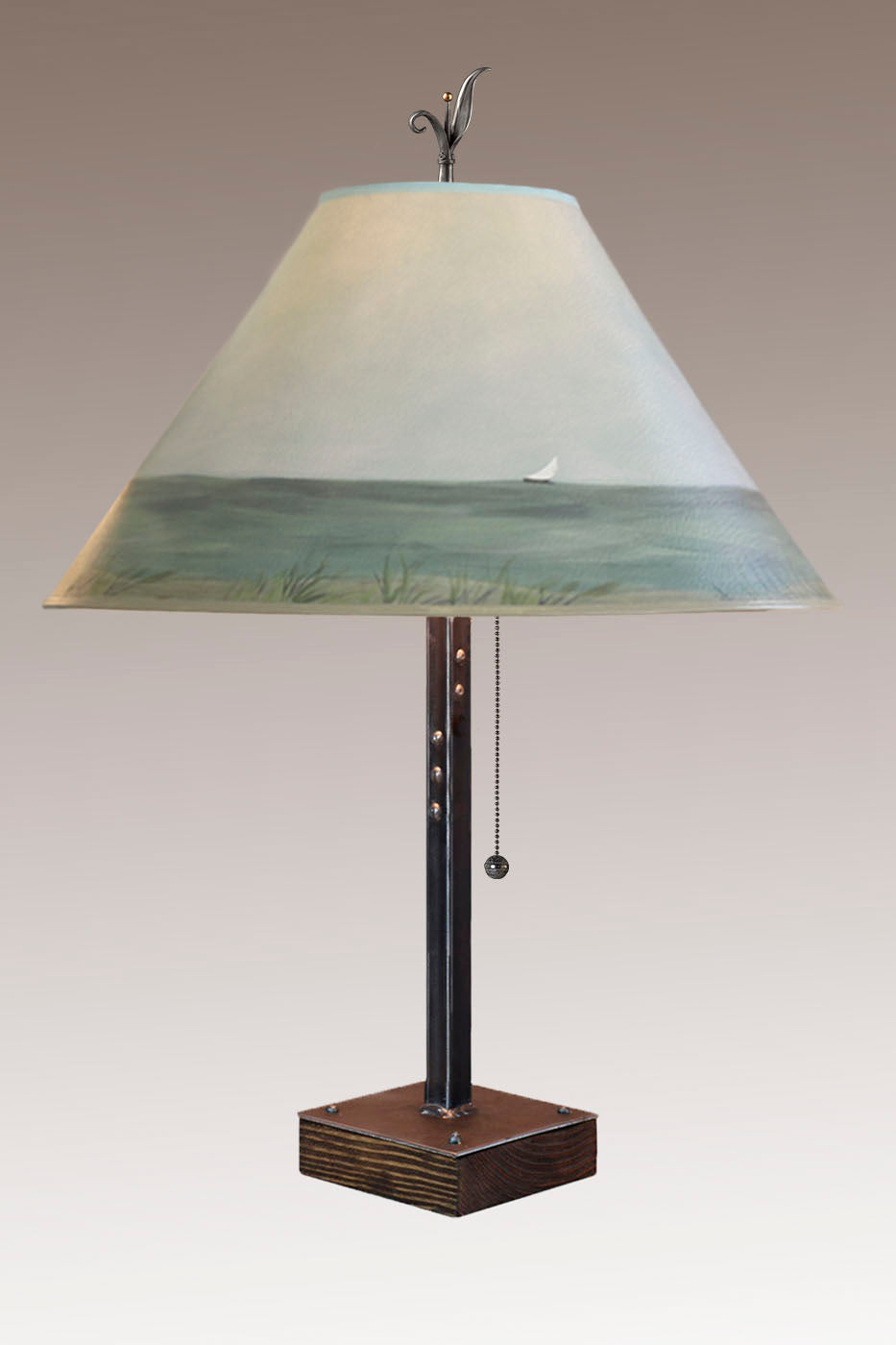 Janna Ugone &amp; Co Table Lamps Steel Table Lamp on Wood with Large Conical Shade in Shore