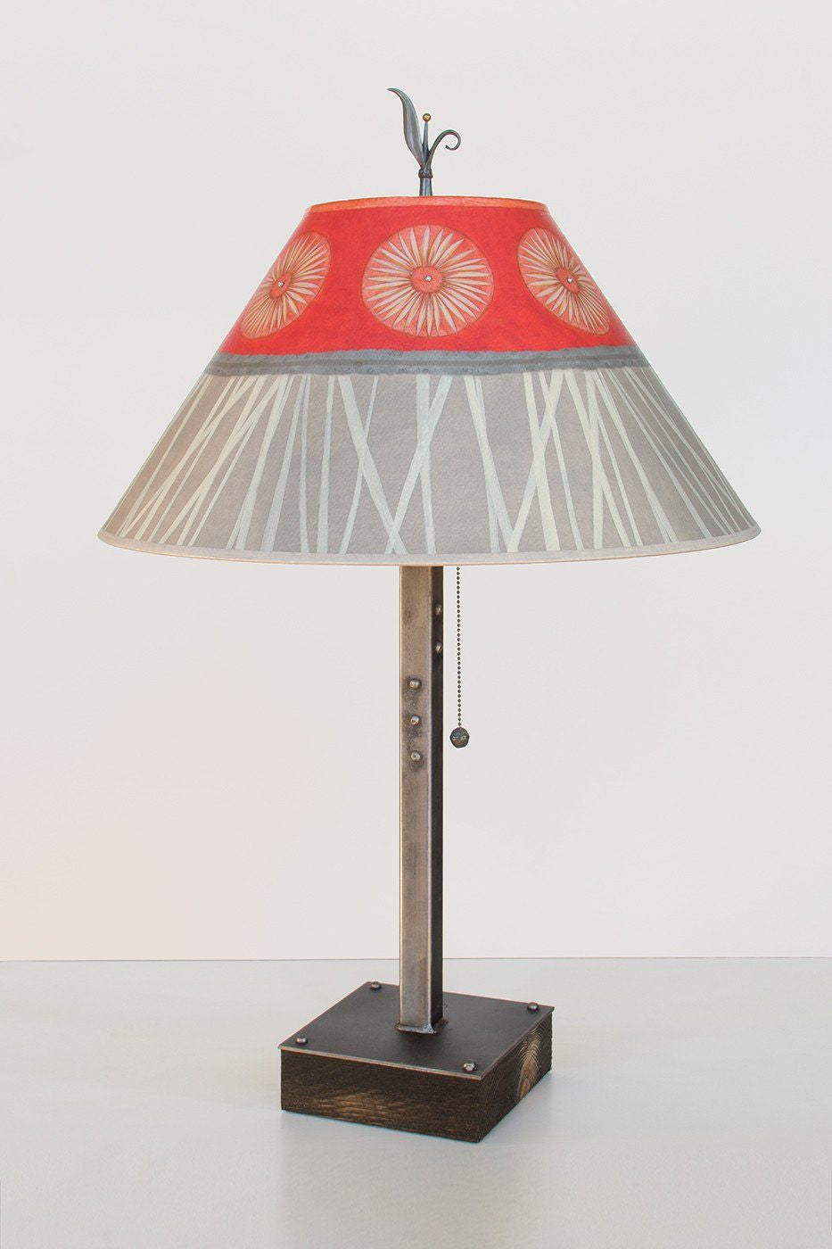 Janna Ugone &amp; Co Table Lamps Steel Table Lamp on Wood with Large Conical Shade in Tang