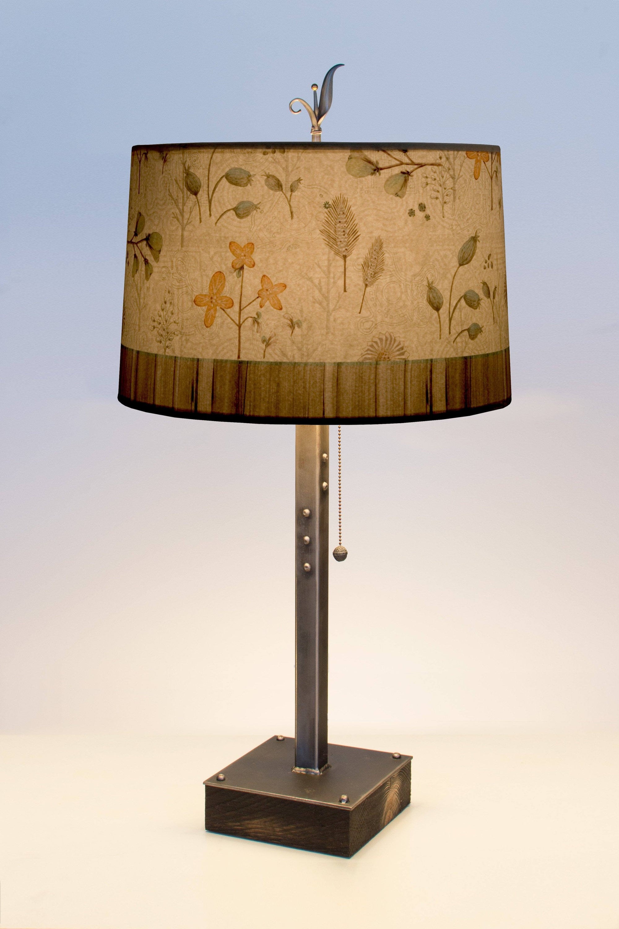 Janna Ugone & Co Table Lamps Steel Table Lamp on Wood with Large Drum Shade in Flora and Maze