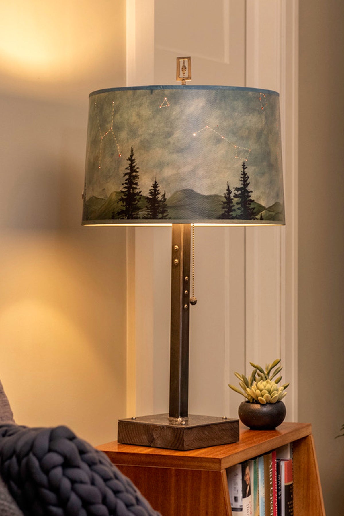 Janna Ugone &amp; Co Table Lamps Steel Table Lamp on Wood with Large Drum Shade in Midnight Sky