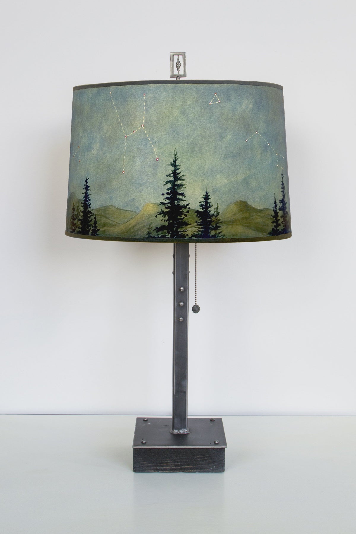 Janna Ugone &amp; Co Table Lamps Steel Table Lamp on Wood with Large Drum Shade in Midnight Sky