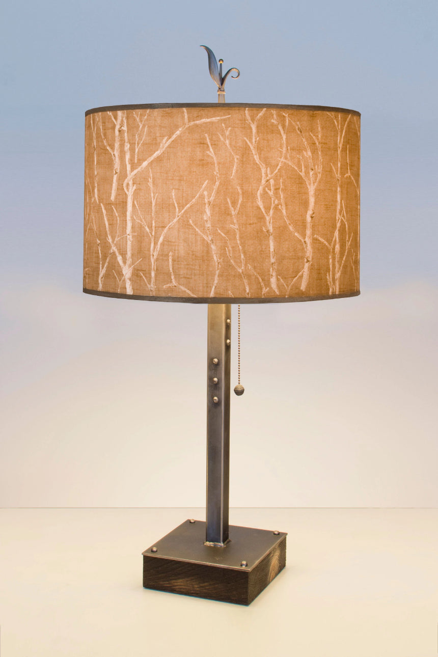 Janna Ugone & Co Table Lamps Steel Table Lamp on Wood with Large Drum Shade in Twigs