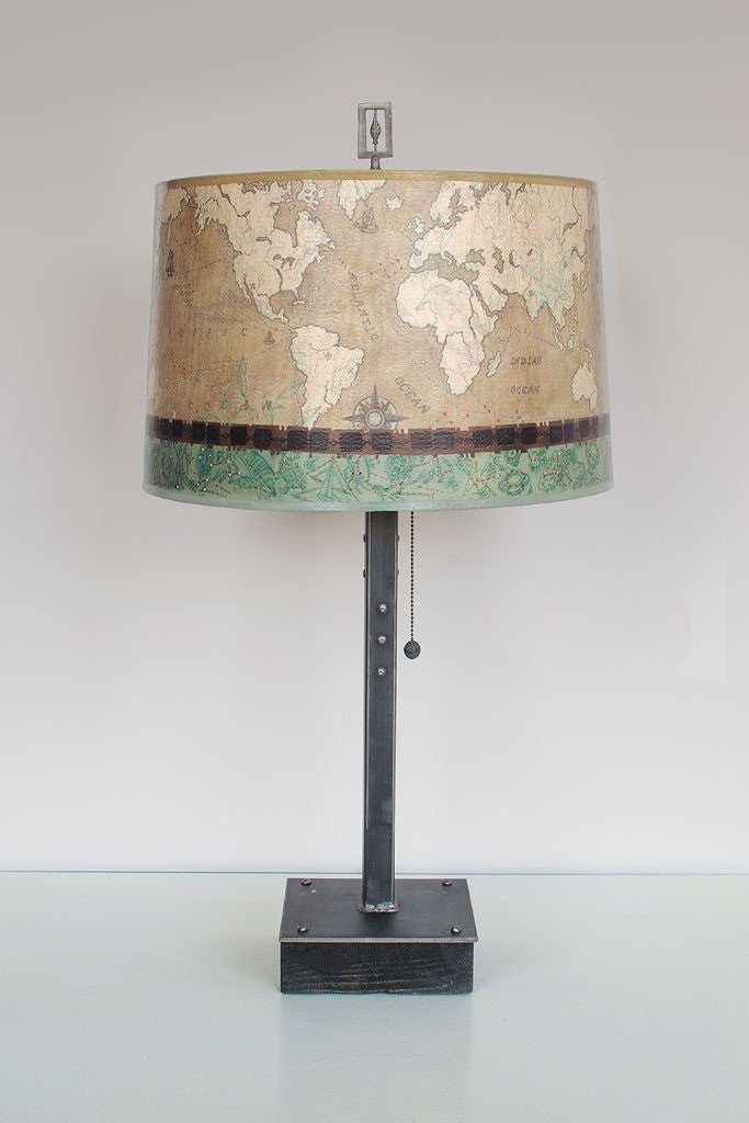 Janna Ugone & Co Table Lamps Steel Table Lamp on Wood with Large Drum Shade in Voyages
