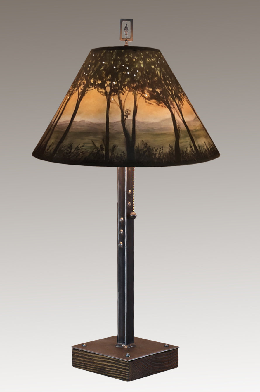 Steel Table Lamp on Wood with Medium Conical Shade in Dawn