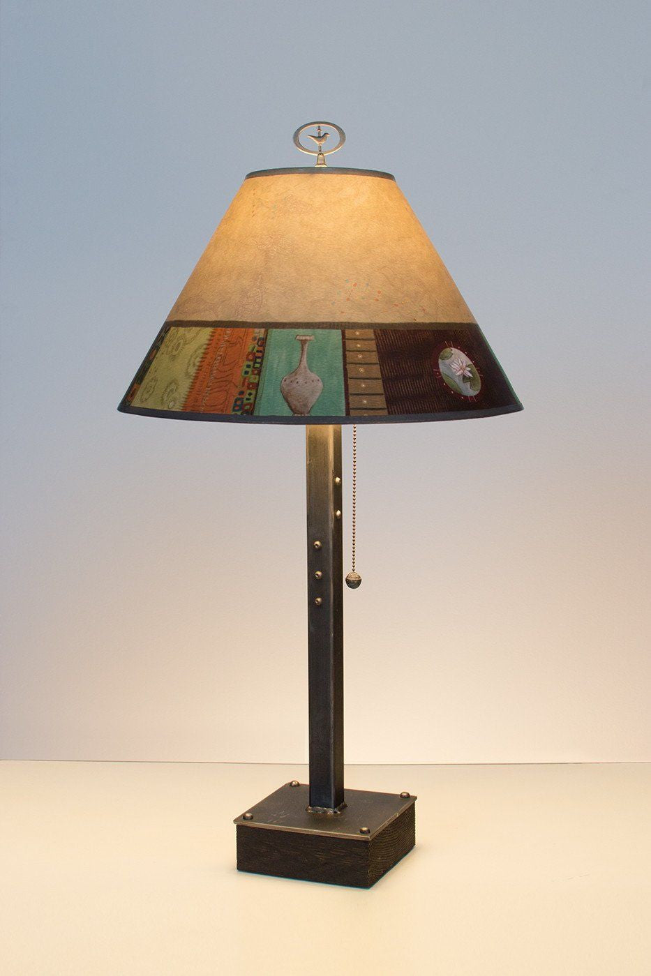Janna Ugone &amp; Co Table Lamps Steel Table Lamp on Wood with Medium Conical Shade in Linen Match