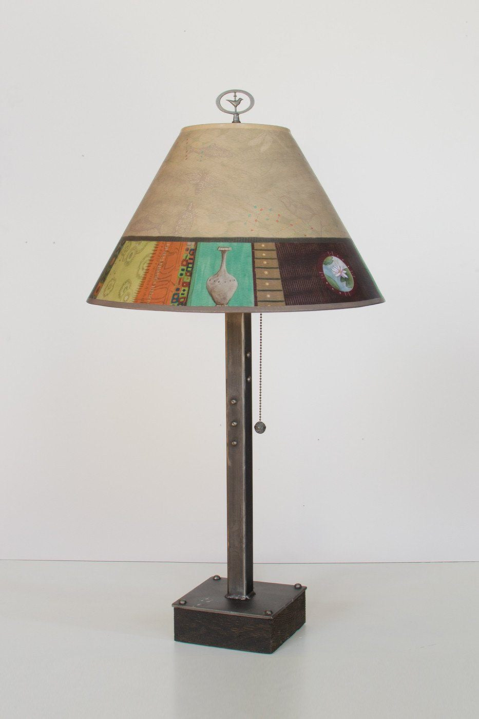 Steel Table Lamp on Wood with Medium Conical Shade in Linen Match