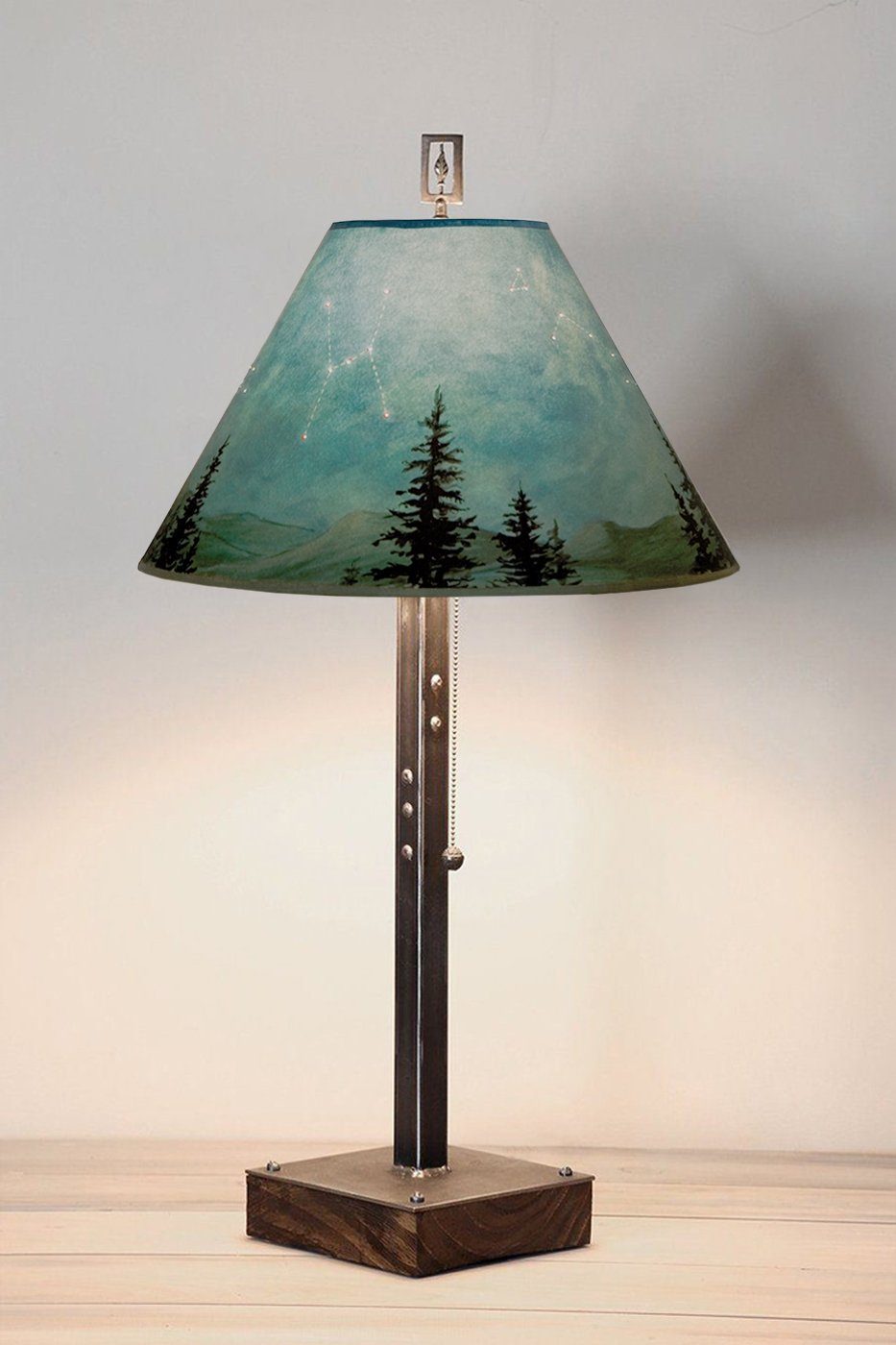 Steel Table Lamp on Wood with Medium Conical Shade in Midnight Sky