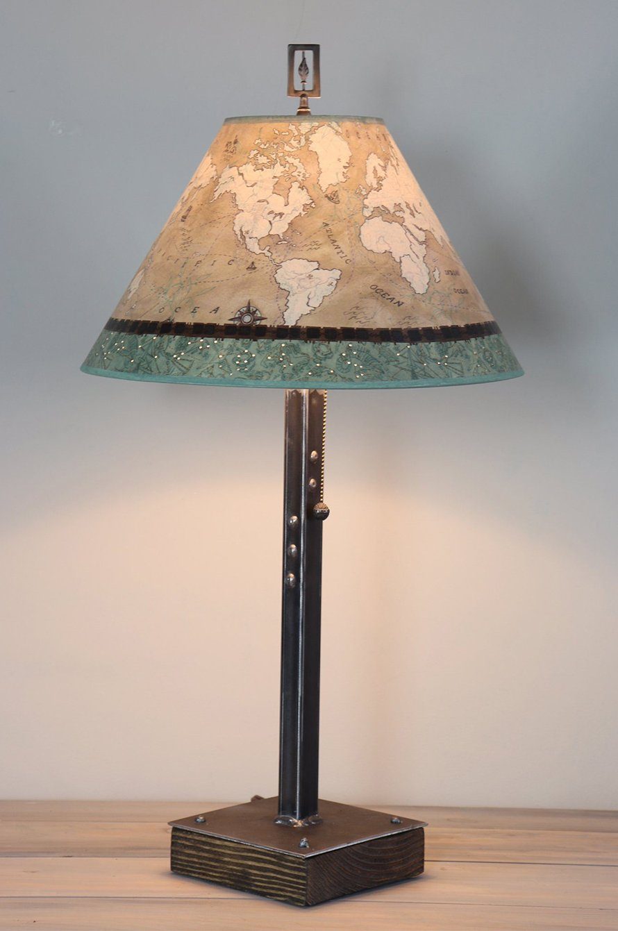 Steel Table Lamp on Wood with Medium Conical Shade in Voyages