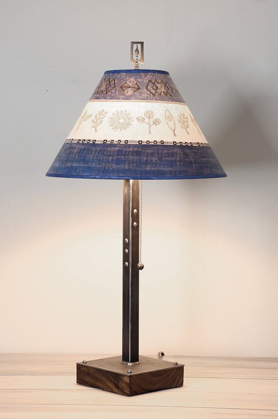 Janna Ugone & Co Table Lamps Steel Table Lamp on Wood with Medium Conical Shade in Woven & Sprig in Sapphire