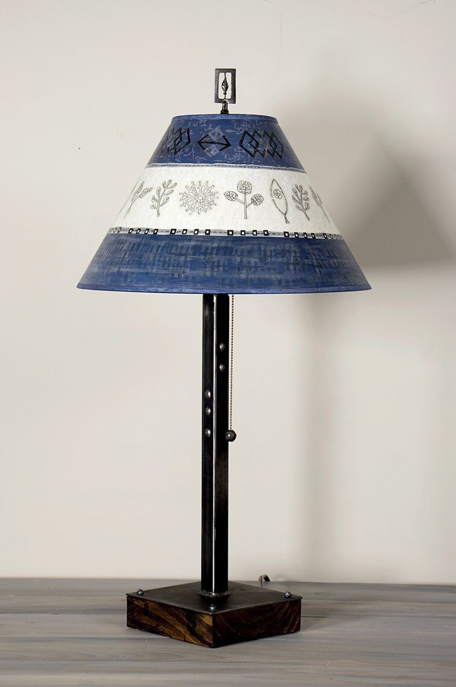 Janna Ugone &amp; Co Table Lamps Steel Table Lamp on Wood with Medium Conical Shade in Woven &amp; Sprig in Sapphire