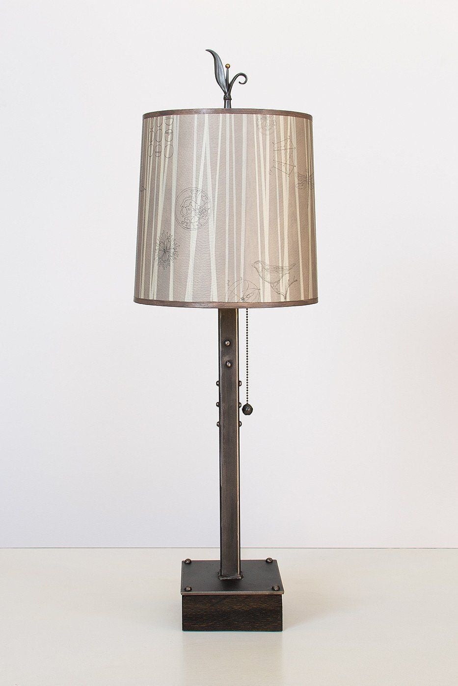 Steel Table Lamp on Wood with Medium Drum Shade in Birch Lines