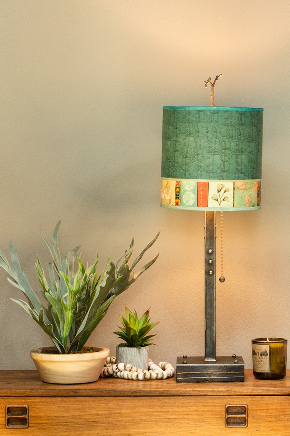 Janna Ugone & Co Table Lamps Steel Table Lamp on Wood with Medium Drum Shade in Melody in Jade