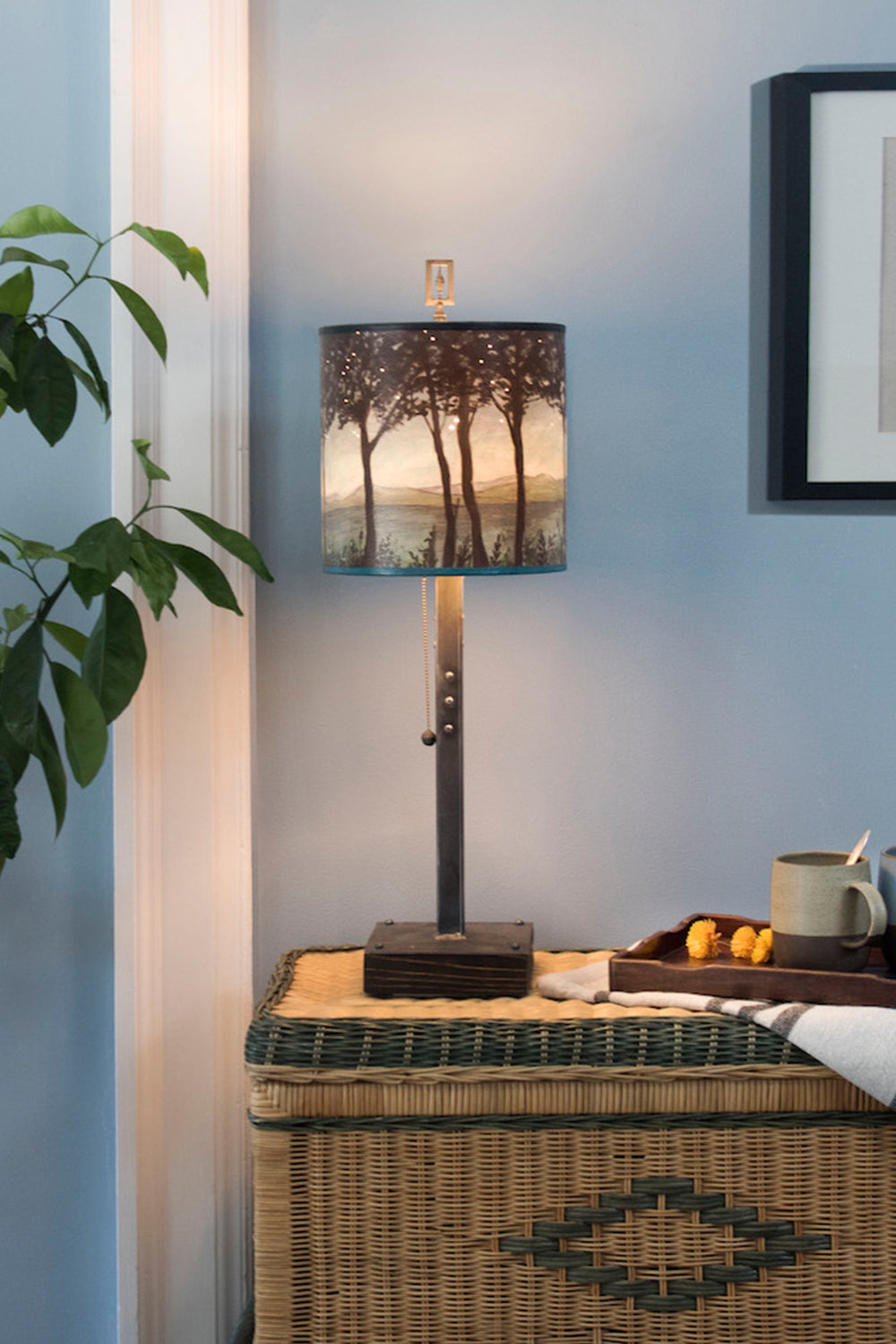 Janna Ugone & Co Table Lamps Steel Table Lamp on Wood with Medium Drum Shade in Twilight