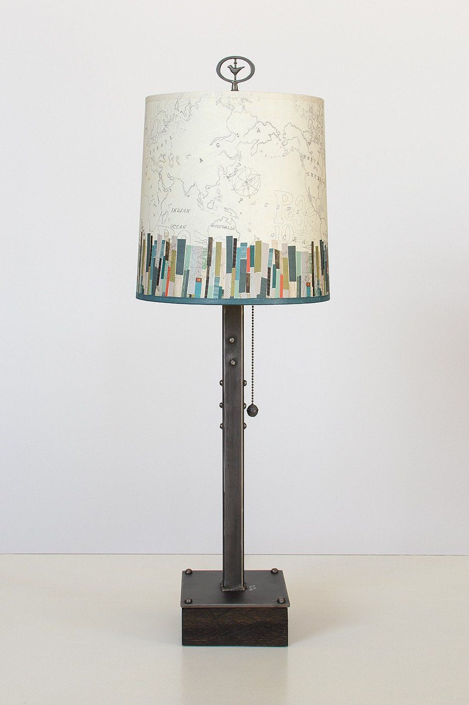 Janna Ugone &amp; Co Table Lamps Steel Table Lamp on Wood with Medium Drum Shade in Papers Edge