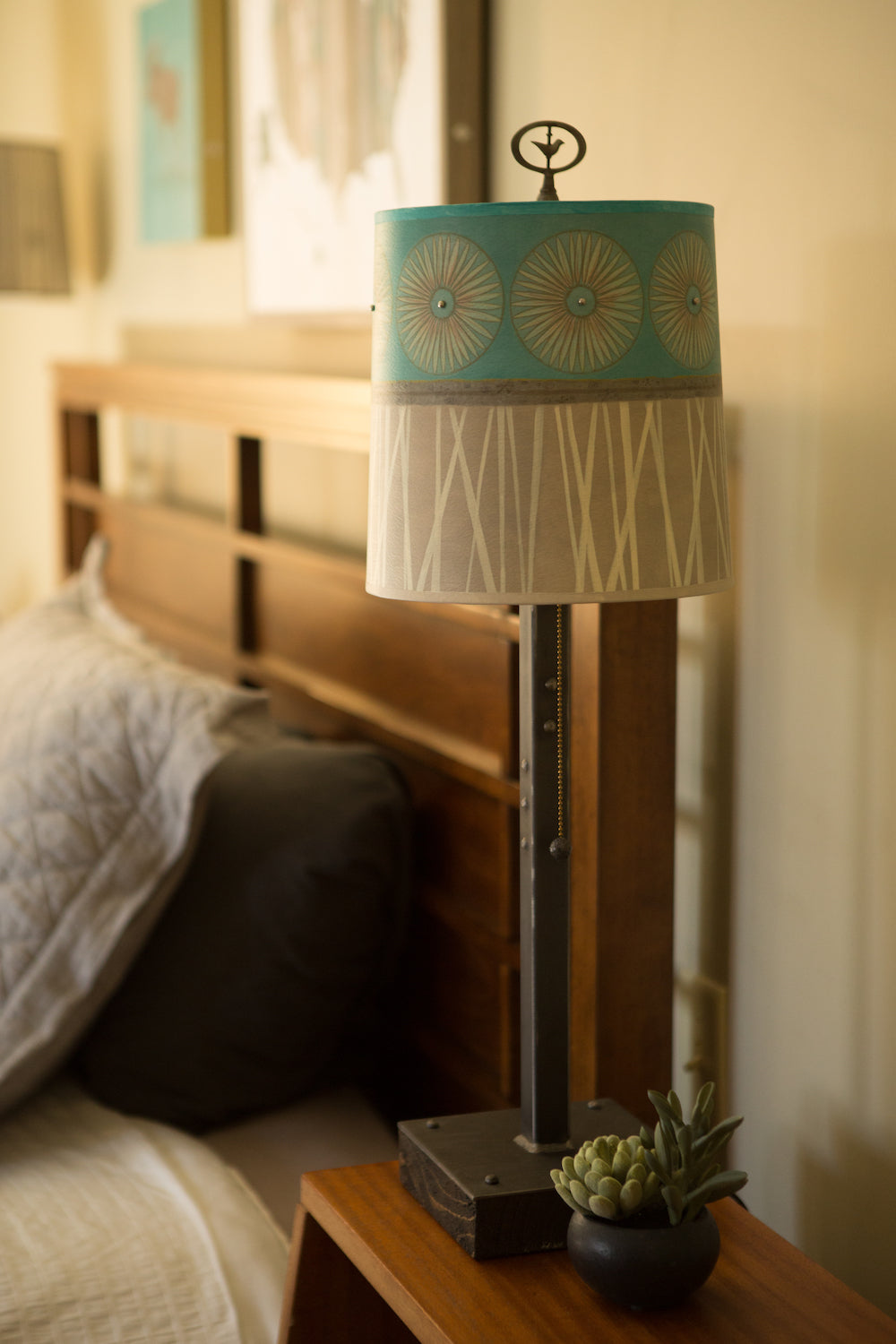 Janna Ugone & Co Table Lamps Steel Table Lamp on Wood with Medium Drum Shade in Pool
