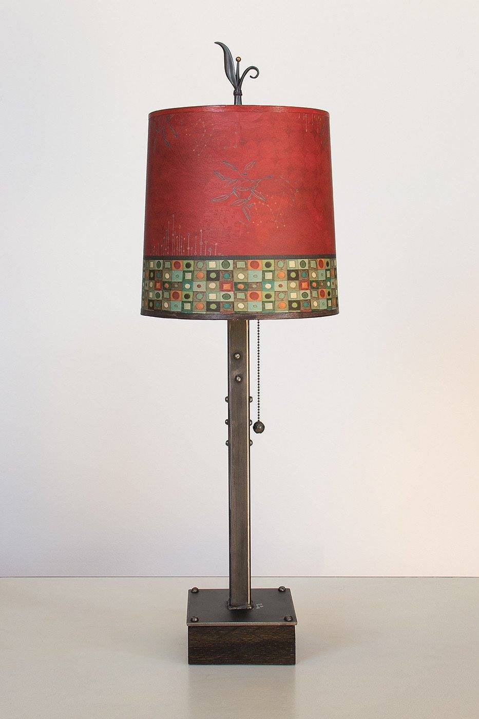Janna Ugone &amp; Co Table Lamps Steel Table Lamp on Wood with Medium Drum Shade in Red Mosaic