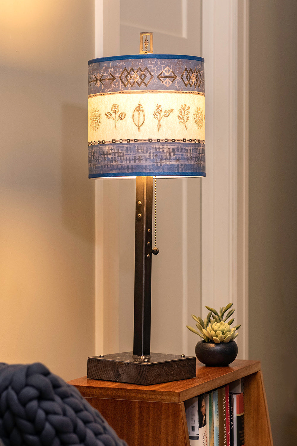 Janna Ugone &amp; Co Table Lamps Steel Table Lamp on Wood with Medium Drum Shade in Woven &amp; Sprig in Sapphire