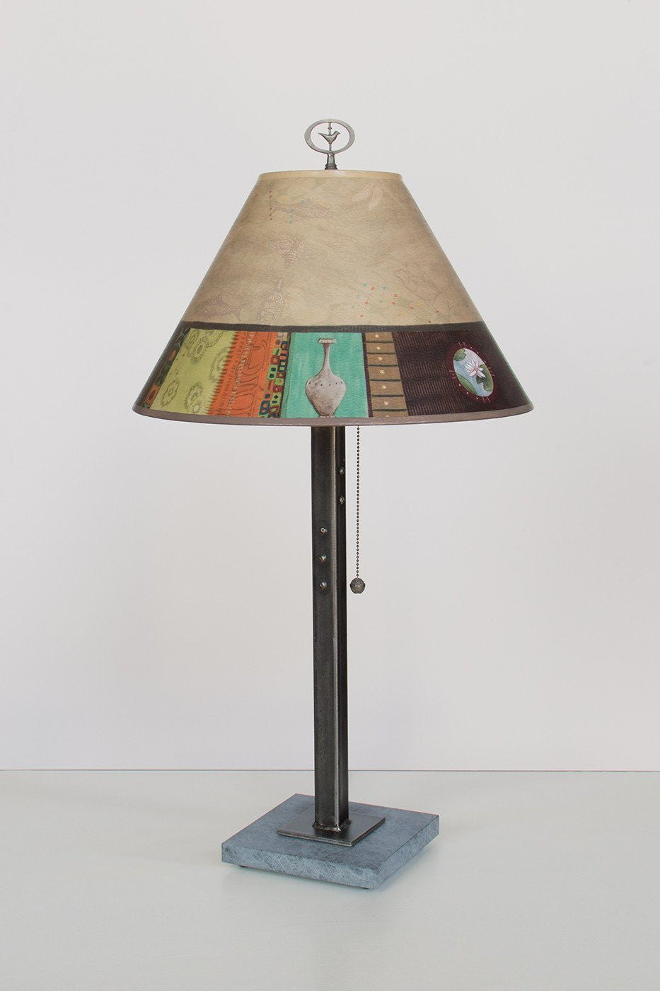 Steel Table Lamp on Marble with Medium Conical Shade in Linen Match Lit