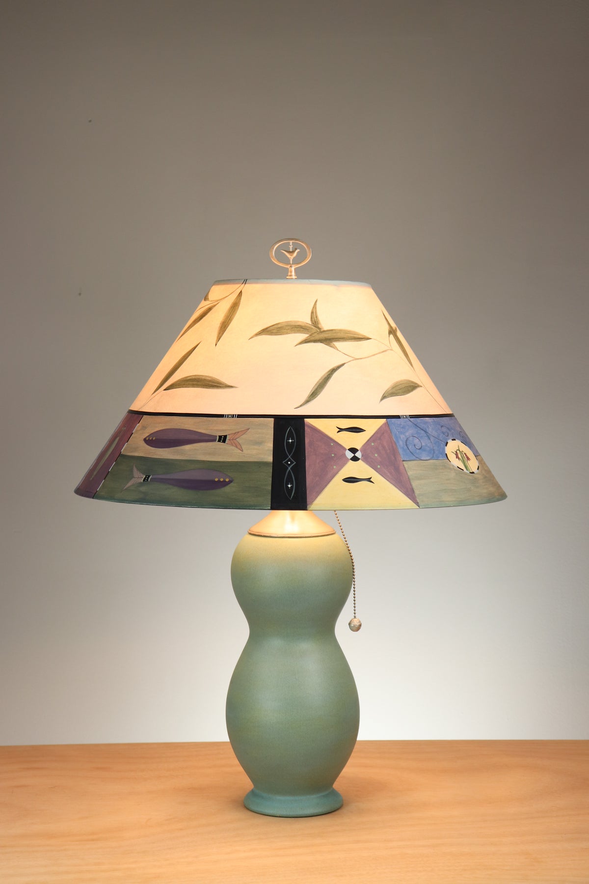 Ceramic Table Lamp with Large Conical Shade in Twin Fish in Bisque