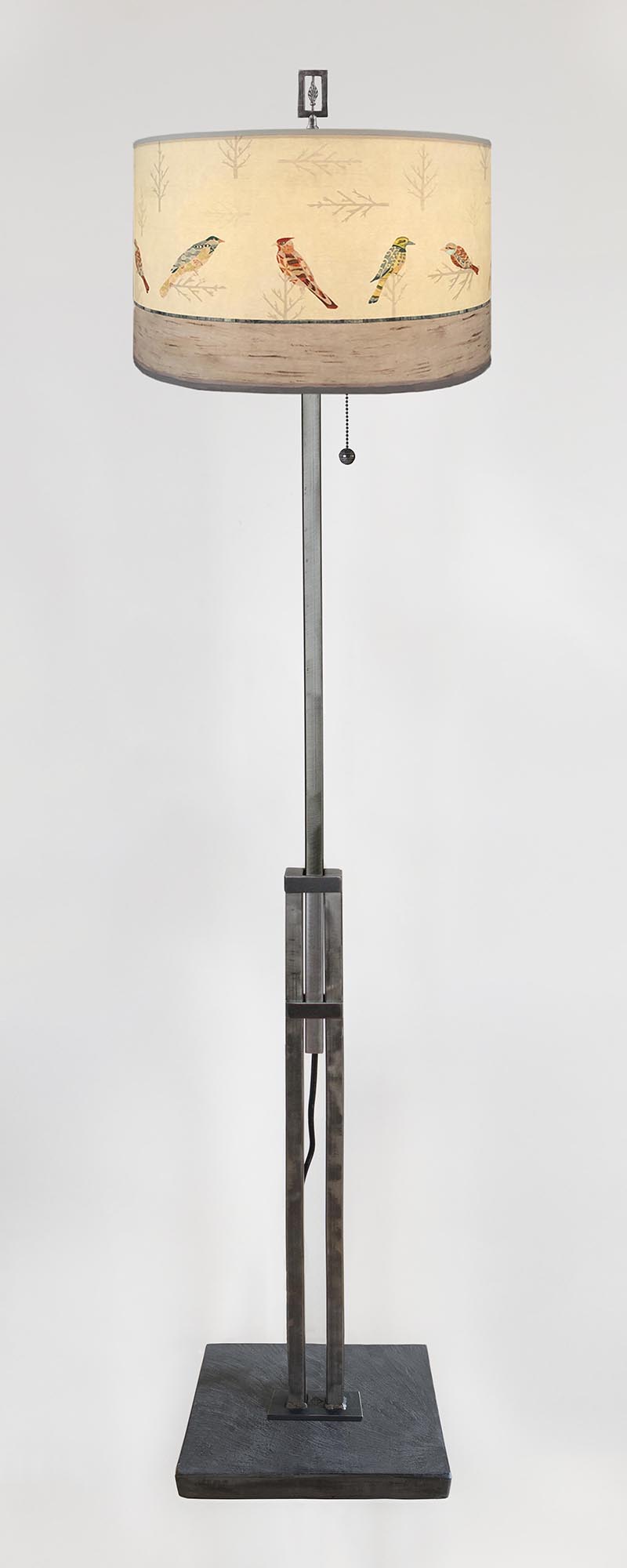 Janna Ugone & Co Floor Lamps Adjustable-Height Steel Floor Lamp with Large Drum Shade in Bird Friends
