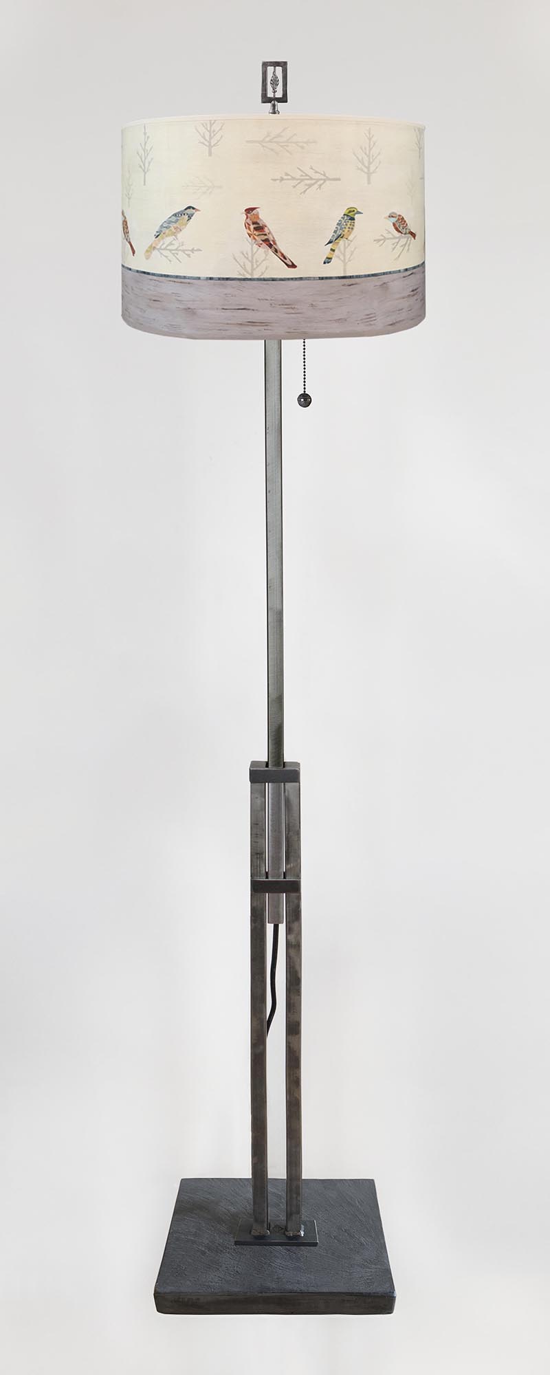 Adjustable-Height Steel Floor Lamp with Large Drum Shade in Bird Friends