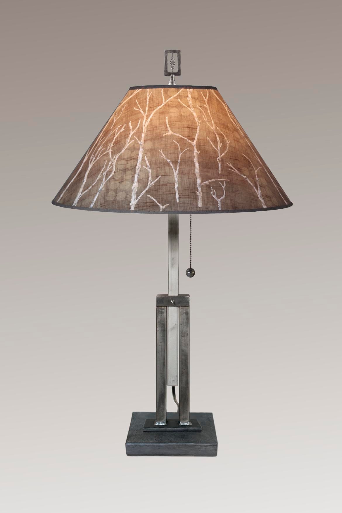 Adjustable-Height Steel Table Lamp with Large Conical Shade in Twigs