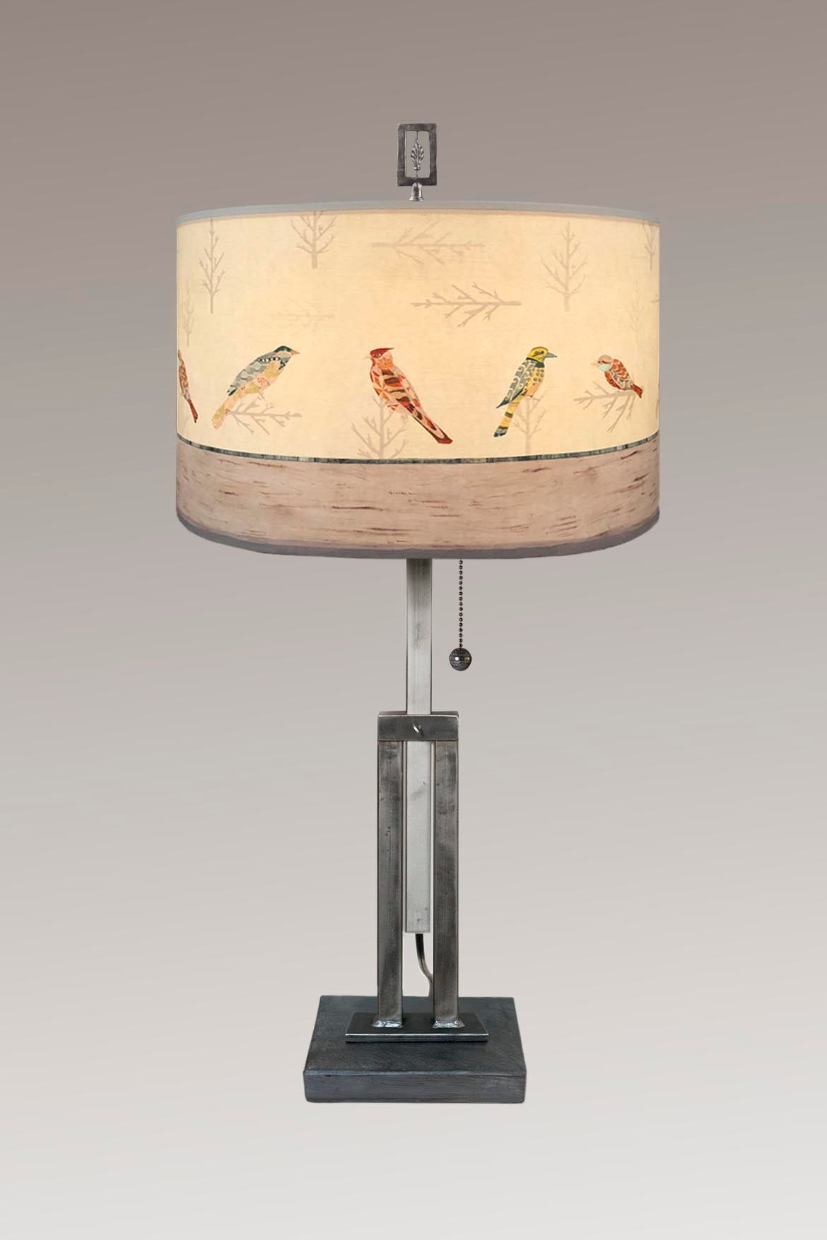 Adjustable-Height Steel Table Lamp with Large Drum Shade in Bird Friends