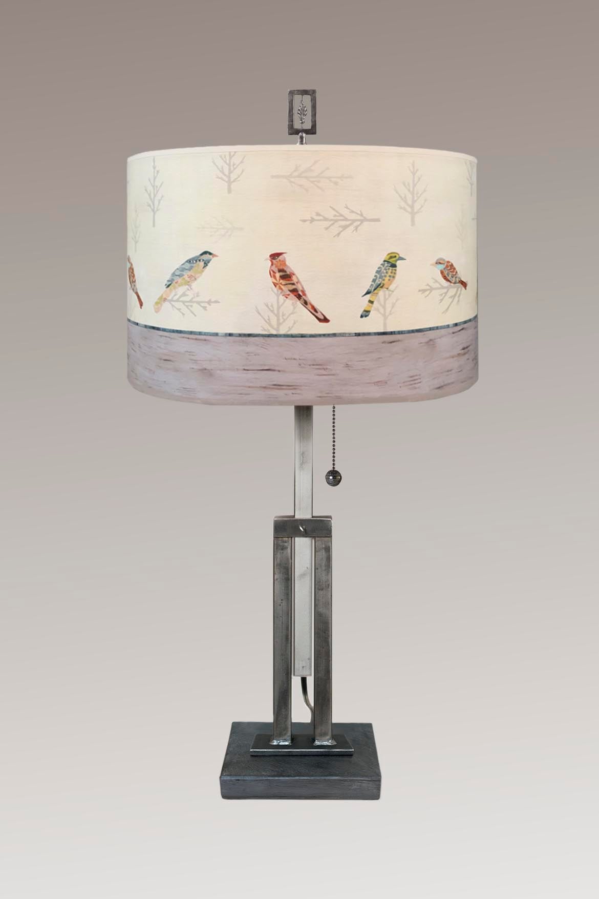 Adjustable-Height Steel Table Lamp with Large Drum Shade in Bird Friends