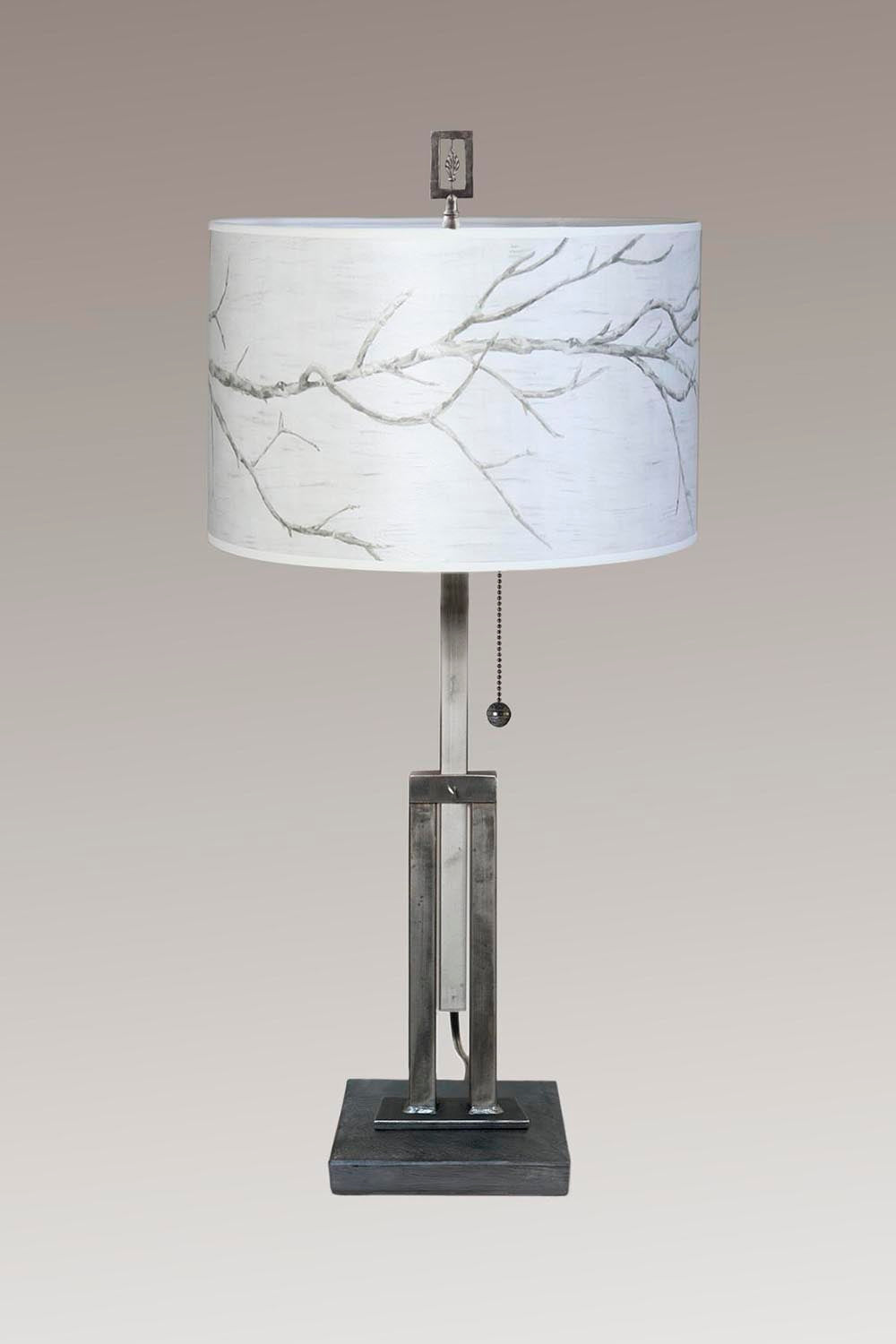 Adjustable-Height Steel Table Lamp with Large Drum Shade in Sweeping Branch