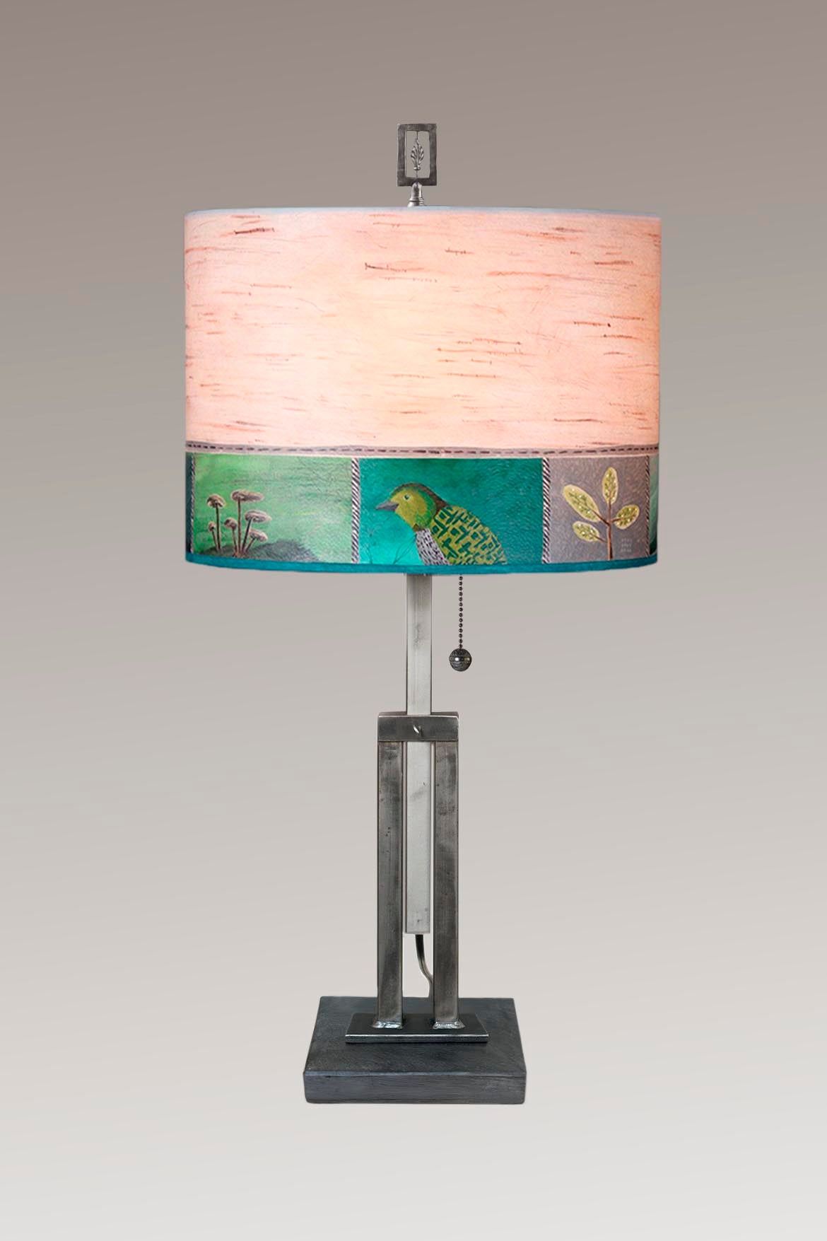 Adjustable-Height Steel Table Lamp with Large Drum Shade in Woodland Trails in Birch