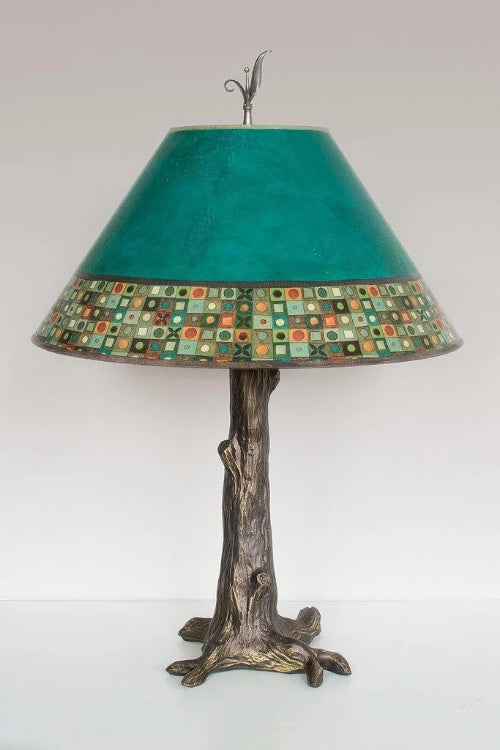 Bronze Tree Table Lamp with Large Conical Shade in Jade Mosaic